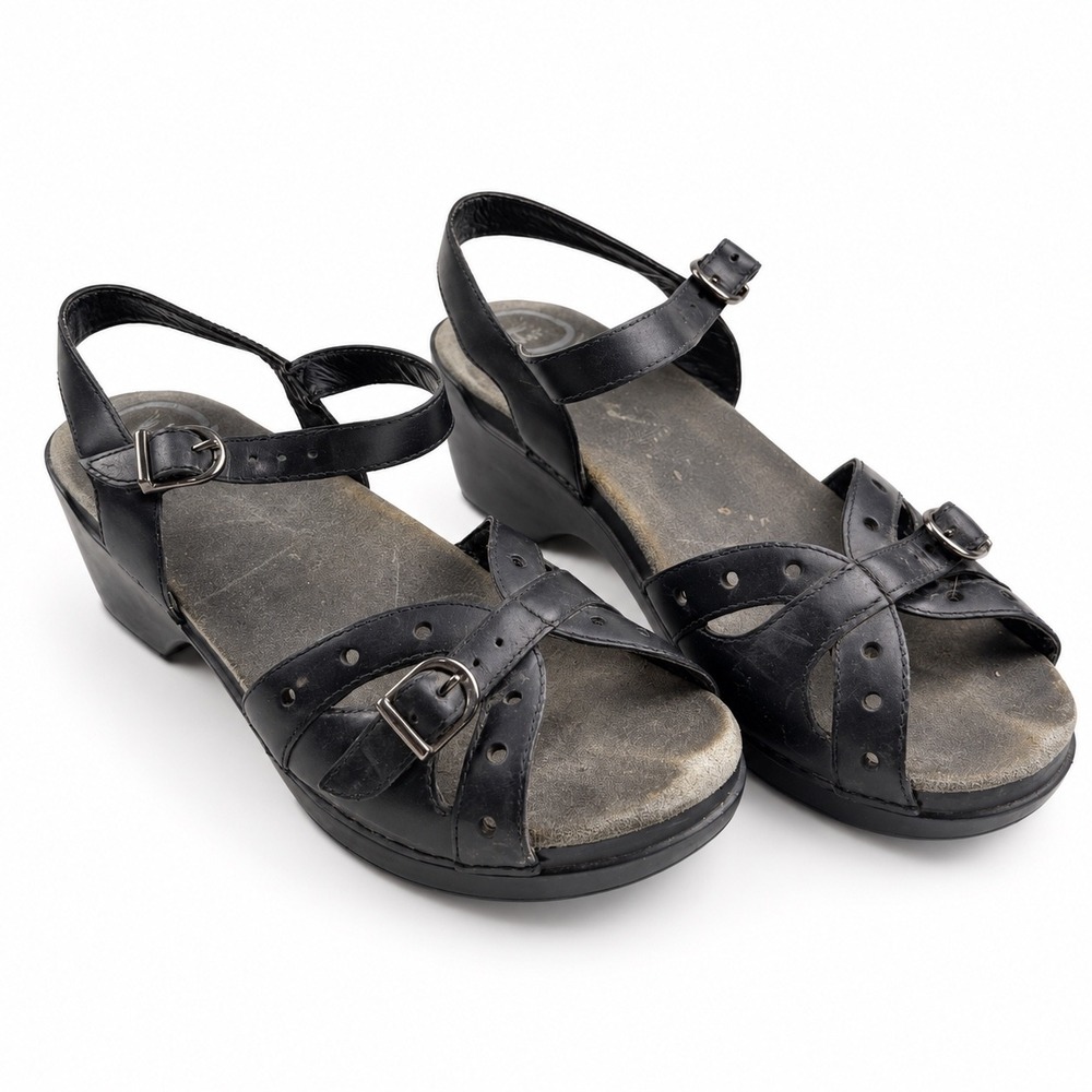 Dansko Black Leather Wedge Sandals Platform Clogs Women's Size 38 US 7.5